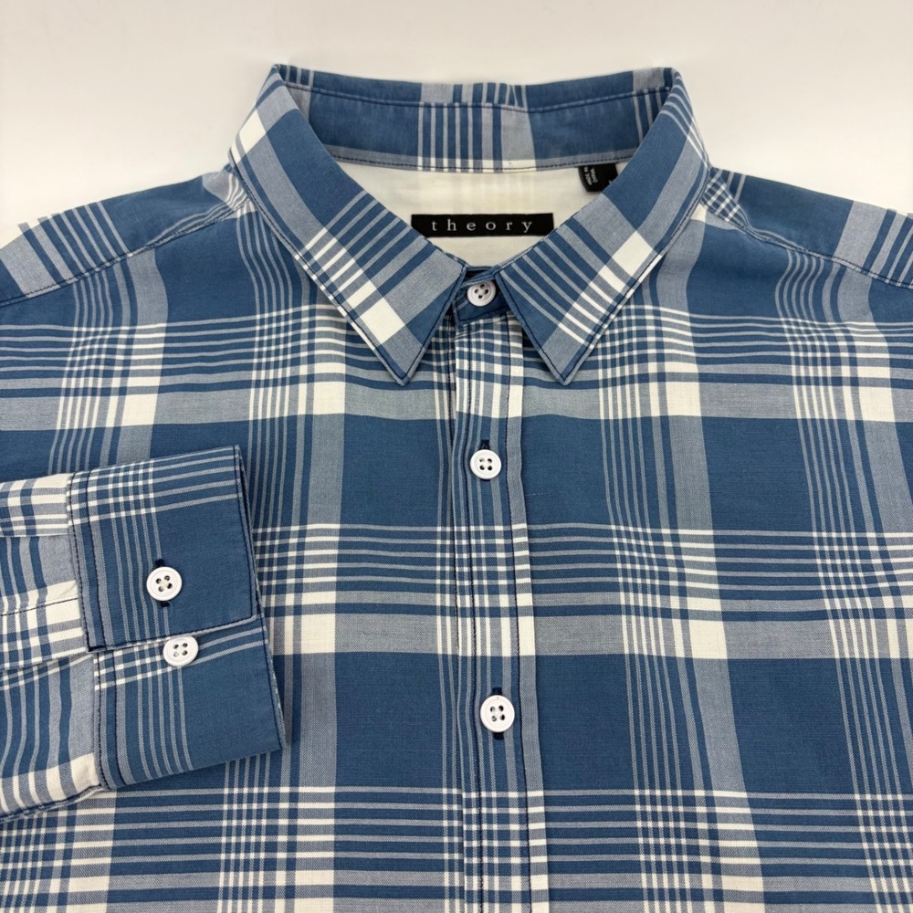 Theory Zack PS Fuego Mens Blue‎ White Plaid Cotton Button Down Shirt Size Medium